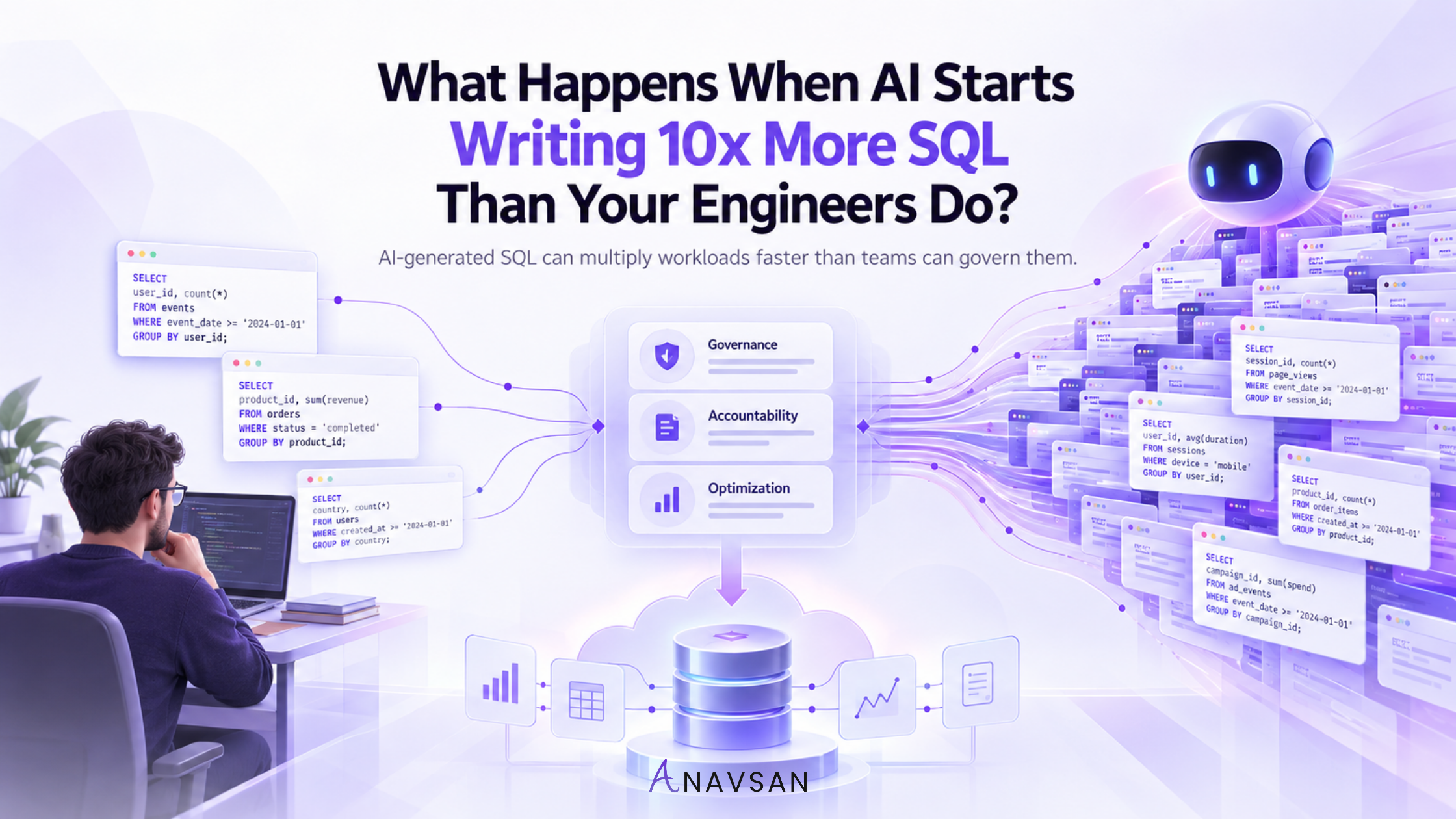 An engineer reviews a few SQL queries while AI-generated statements multiply toward a governed data platform.