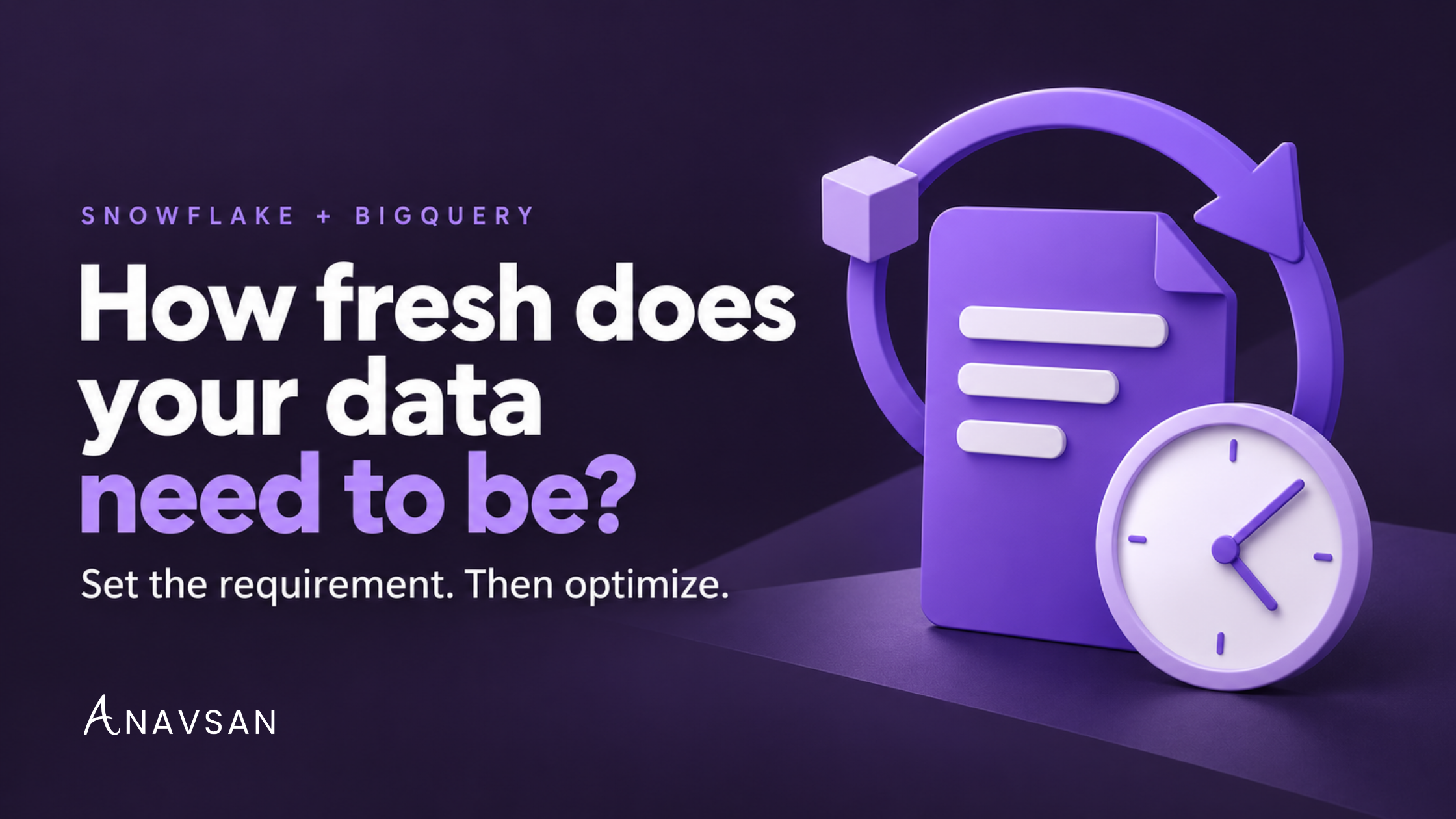 A document inside a refresh cycle beside a clock, asking how fresh the data needs to be.
